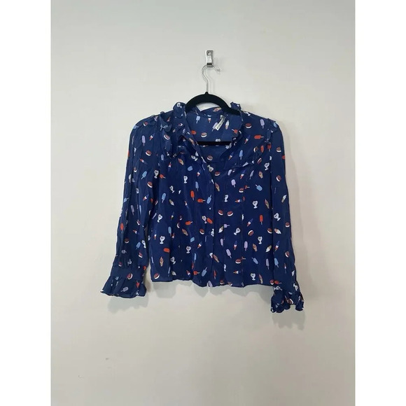 ALICE AND OLIVIA Ice Cream print Ruffle Blouse 100% Silk Size XS 1354 - Picture 4 of 13